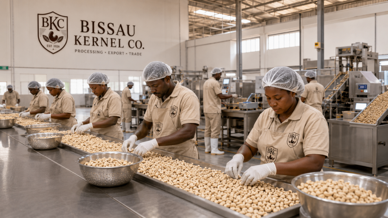 Workers sorting cashew kernels on the processing line
